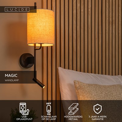 Lucide MAGIC - Wandlamp - 1xE27 - Met USB oplaadpunt - Zwart